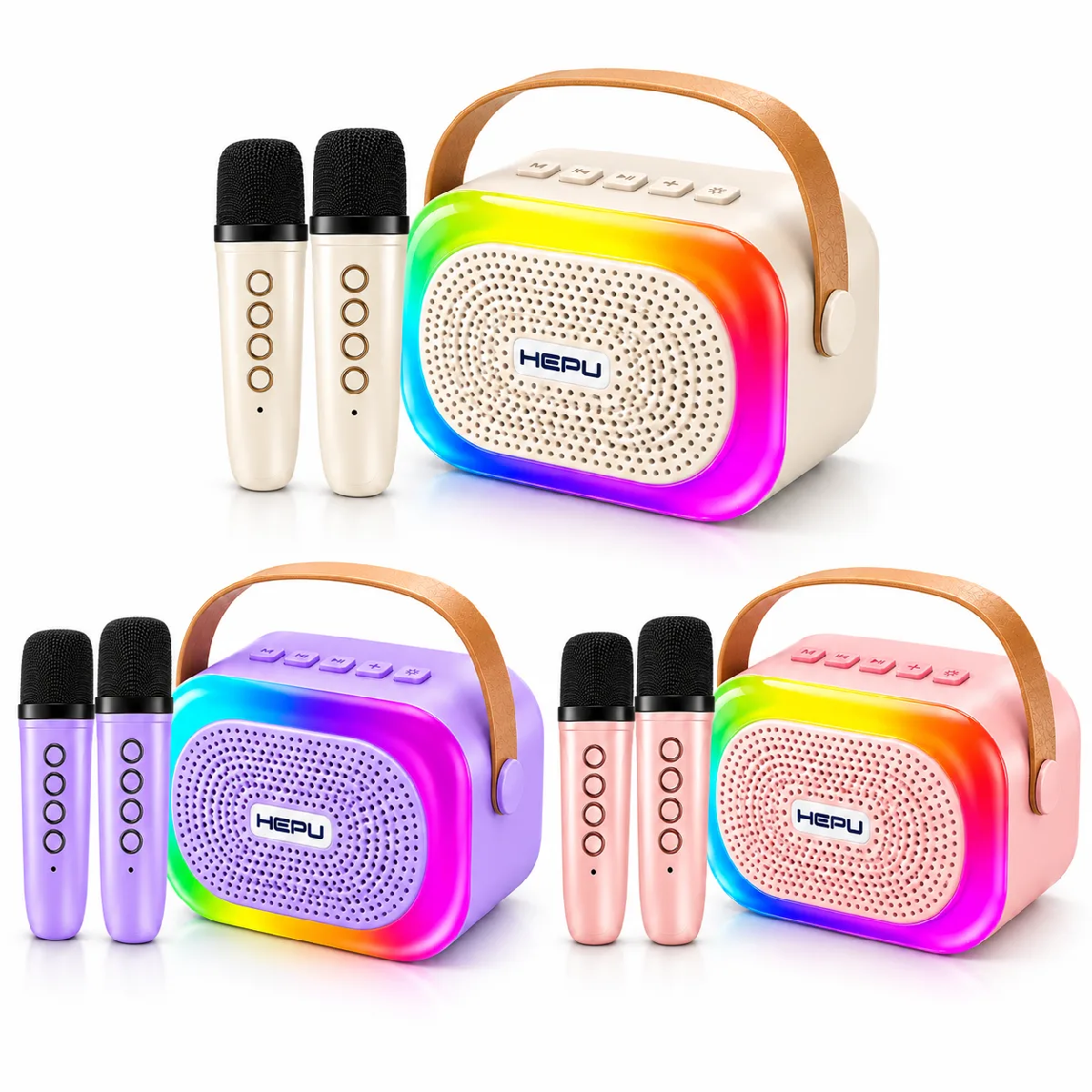 HEPU HP-MS02 5W Kablosuz Karaoke Hoparlör – 2 Mikrofonlu, RGB Işıklı