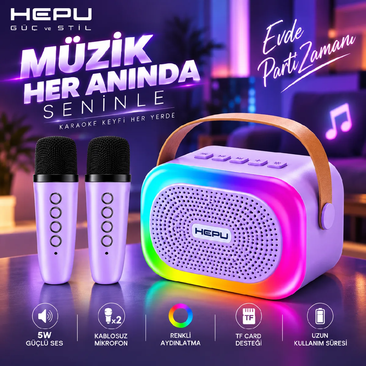 HEPU HP-MS02 5W Kablosuz Karaoke Hoparlör – 2 Mikrofonlu, RGB Işıklı - Görsel 7
