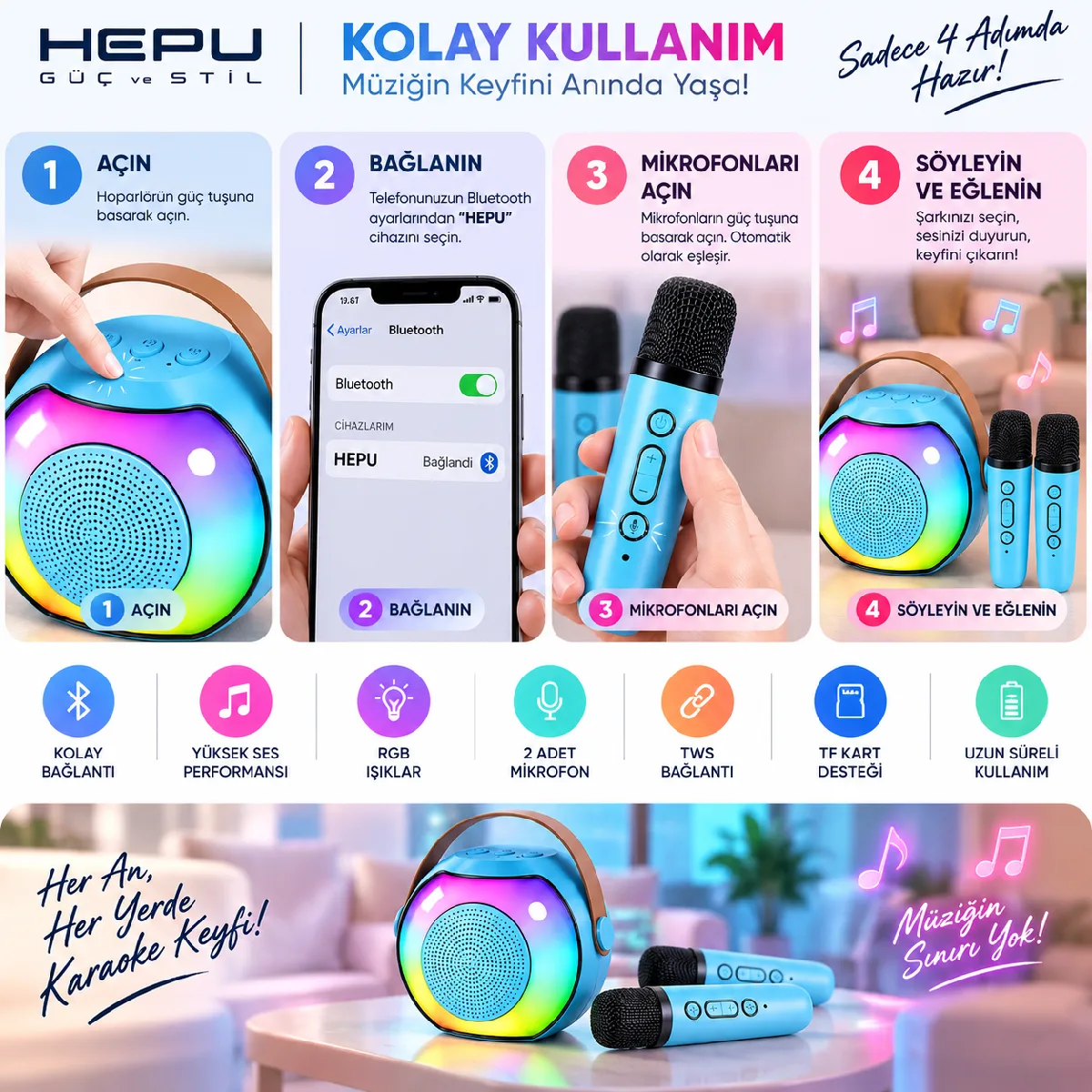HEPU HP-MS03 5W Kablosuz Karaoke Hoparlör – 2 Mikrofonlu, RGB Işıklı - Görsel 4