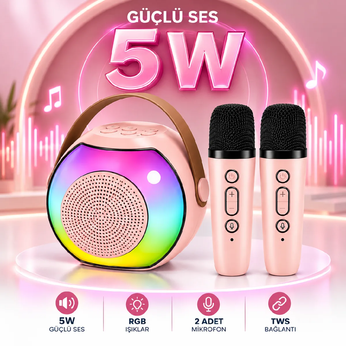 HEPU HP-MS03 5W Kablosuz Karaoke Hoparlör – 2 Mikrofonlu, RGB Işıklı - Görsel 7