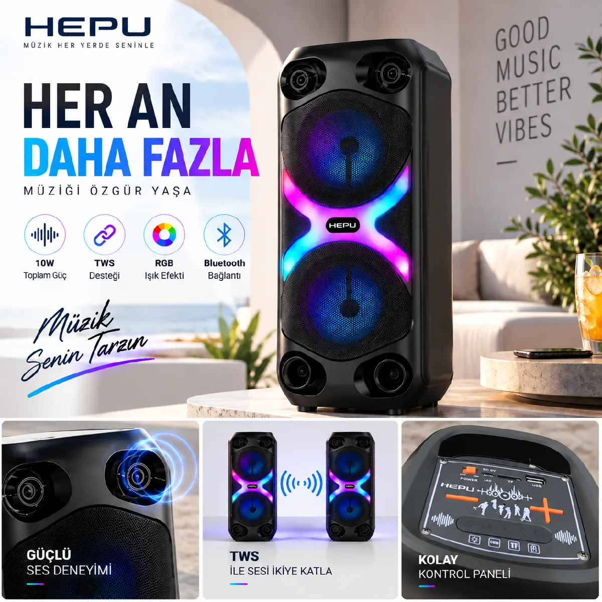 HEPU HP-MS06 10W Kablosuz Partybox Hoparlör – TWS, RGB Işıklı - Görsel 4