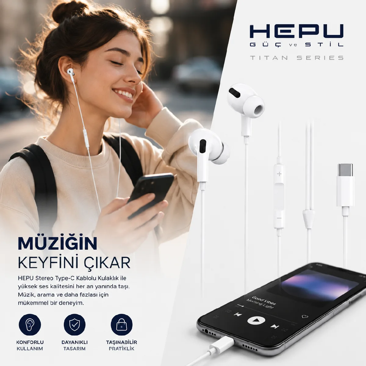 HEPU HP-TK01 Titan Series Type-C Kablolu Kulak İçi Kulaklık – Stereo Ses, Mikrofonlu - Görsel 6