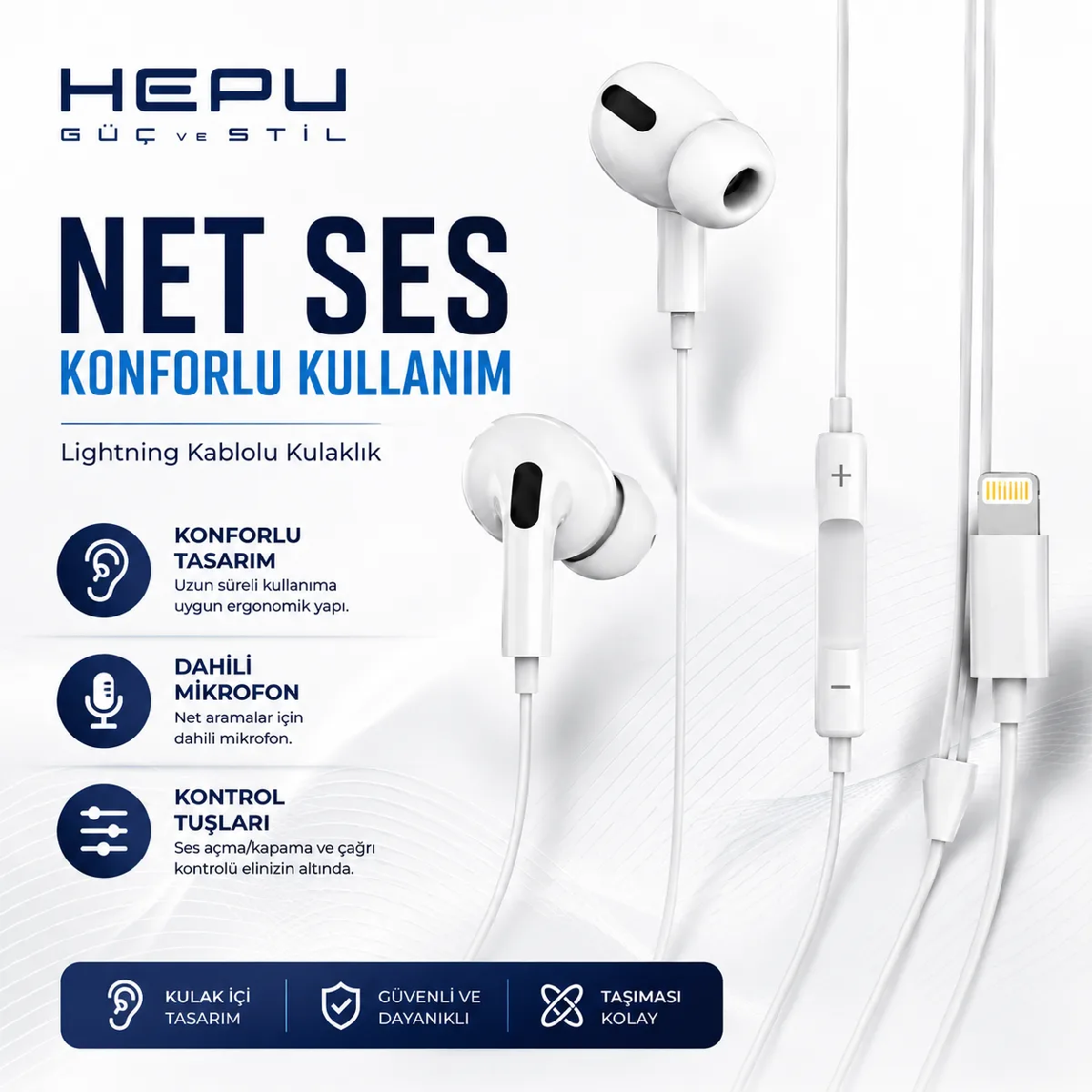 HEPU HP-TK02 Titan Series Lightning Kablolu Kulak İçi Kulaklık – Stereo Ses, Mikrofonlu - Görsel 4