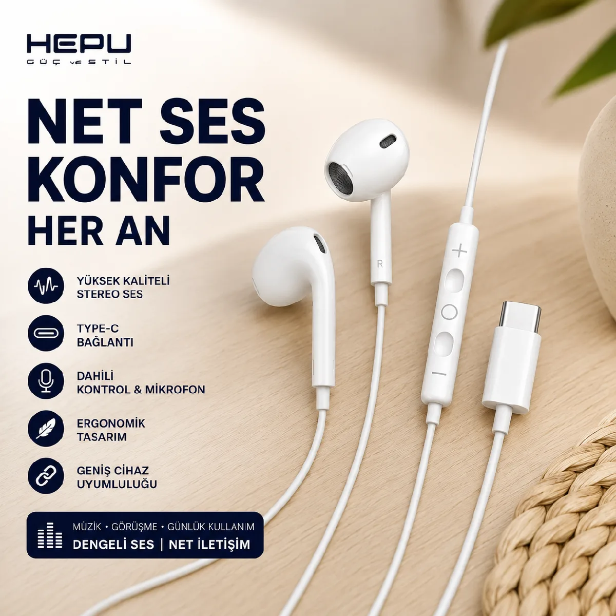 HEPU HP-TK03 Titan Series Type-C Kablolu Kulaklık – Stereo Ses, Mikrofonlu - Görsel 4