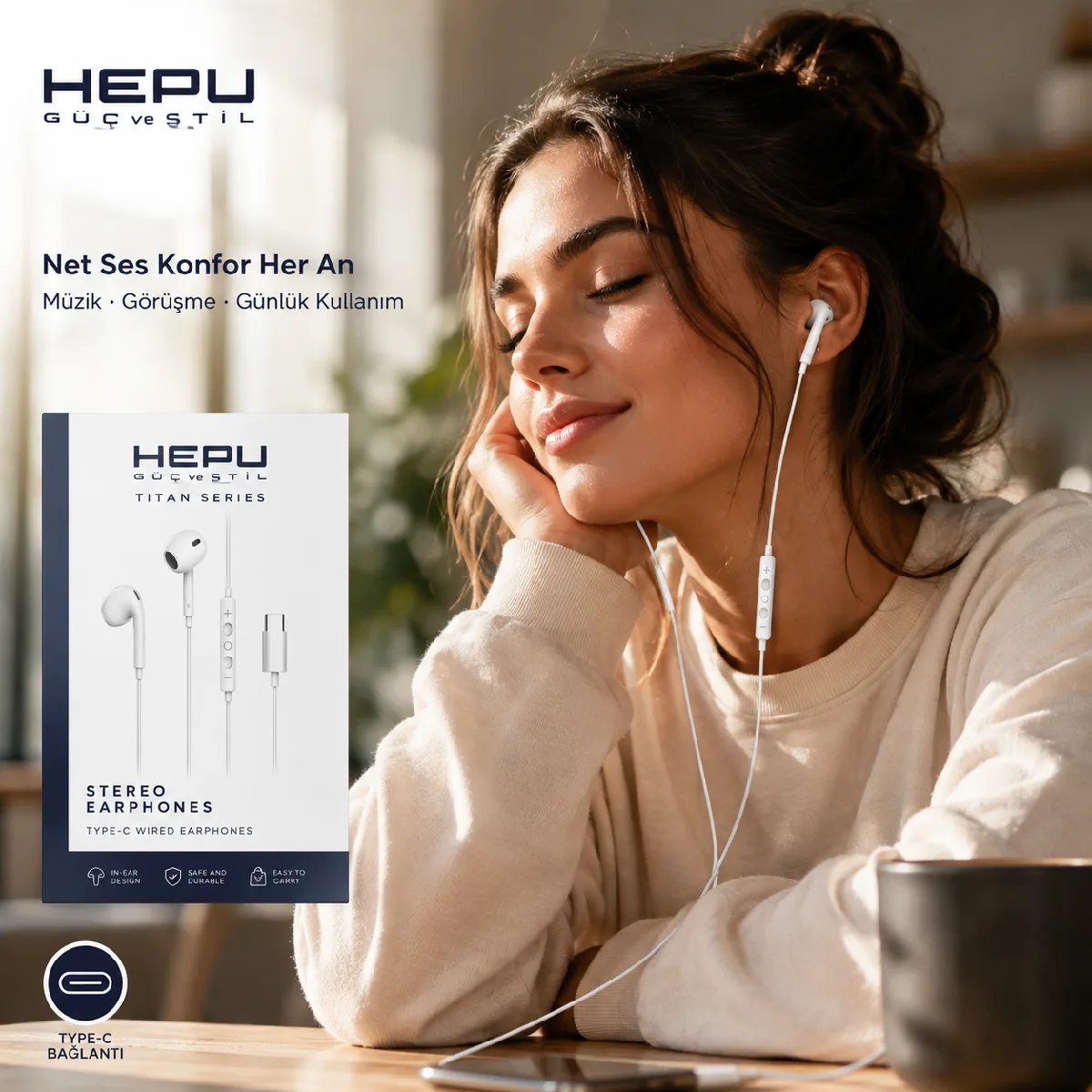 HEPU HP-TK03 Titan Series Type-C Kablolu Kulaklık – Stereo Ses, Mikrofonlu - Görsel 5