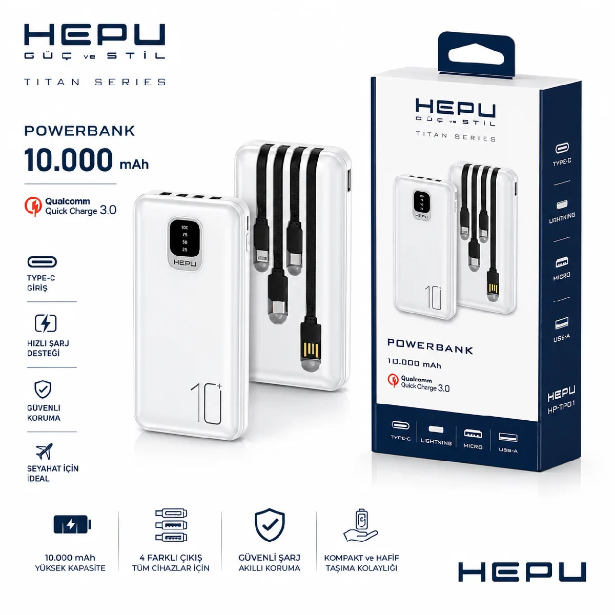 HEPU HP-TP01 Titan Series Powerbank – 10.000 mAh, Dahili Çoklu KablolU - Görsel 3