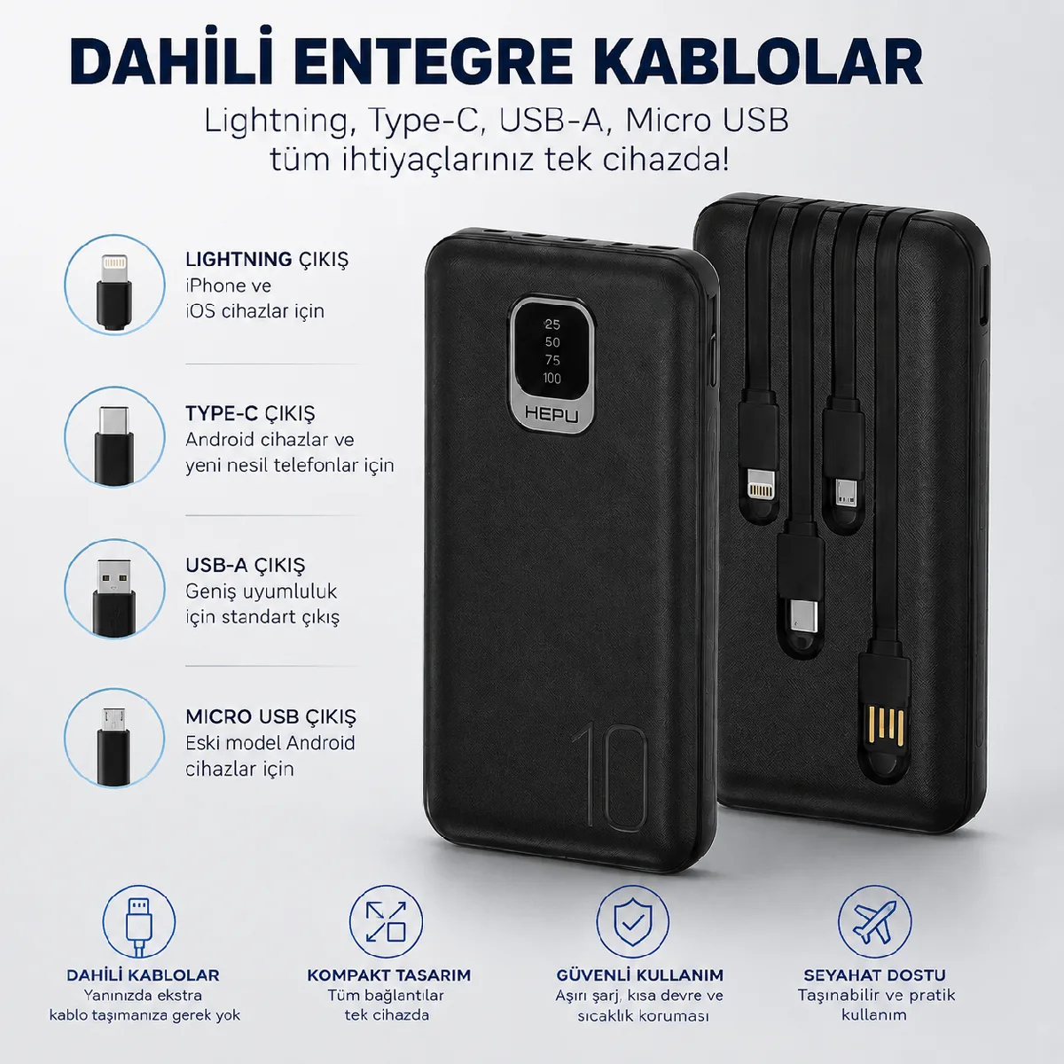 HEPU HP-TP01S Titan Series Powerbank – 10.000 mAh, Dahili Çoklu Kablolu, Siyah - Görsel 3