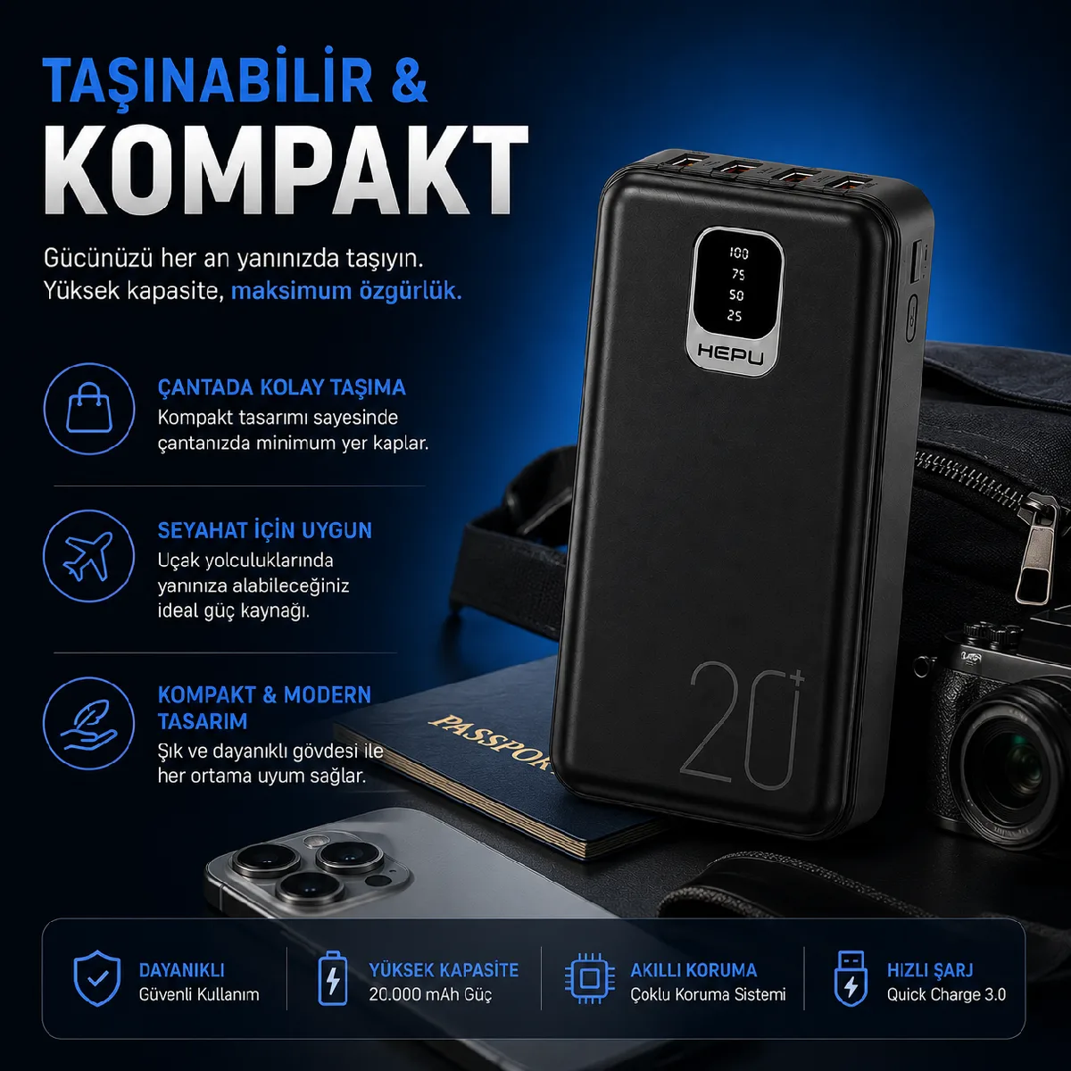HEPU HP-TP02S Titan Series Powerbank – 20.000 mAh, 4 Entegre Kablolu, Dijital Göstergeli, Siyah - Görsel 6
