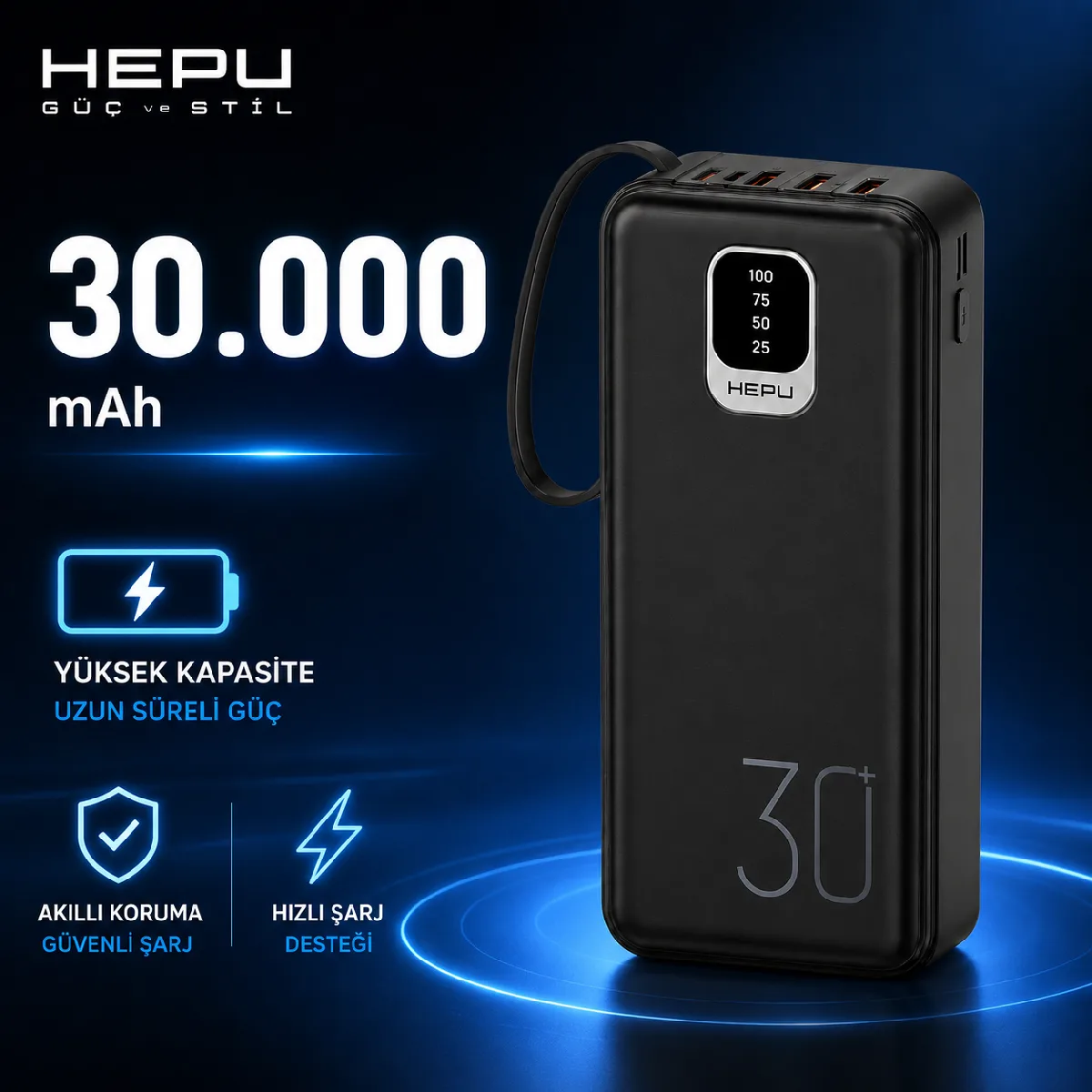 HEPU HP-TP03S Titan Series Powerbank – 30.000 mAh, 4 Entegre Kablolu, Dijital Göstergeli, Siyah - Görsel 6