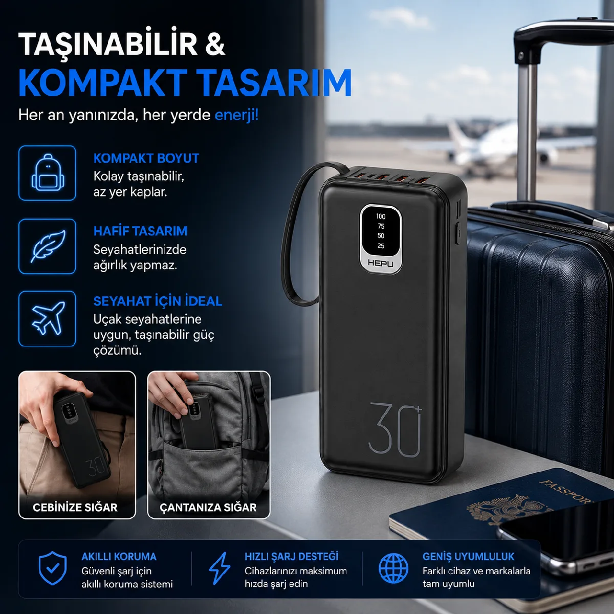 HEPU HP-TP03S Titan Series Powerbank – 30.000 mAh, 4 Entegre Kablolu, Dijital Göstergeli, Siyah - Görsel 7