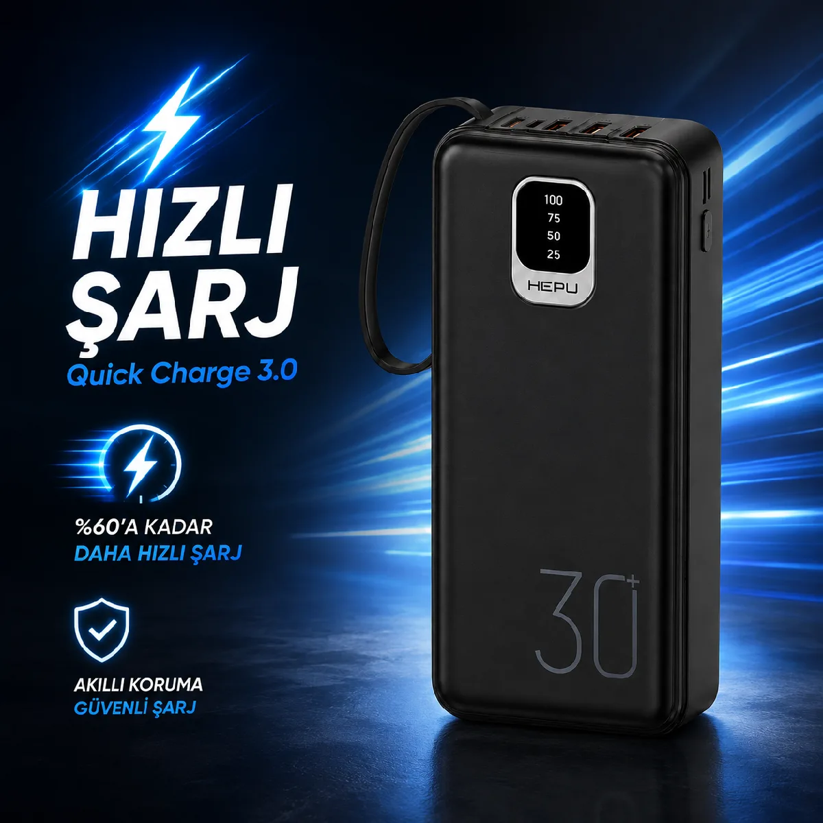 HEPU HP-TP03S Titan Series Powerbank – 30.000 mAh, 4 Entegre Kablolu, Dijital Göstergeli, Siyah - Görsel 8