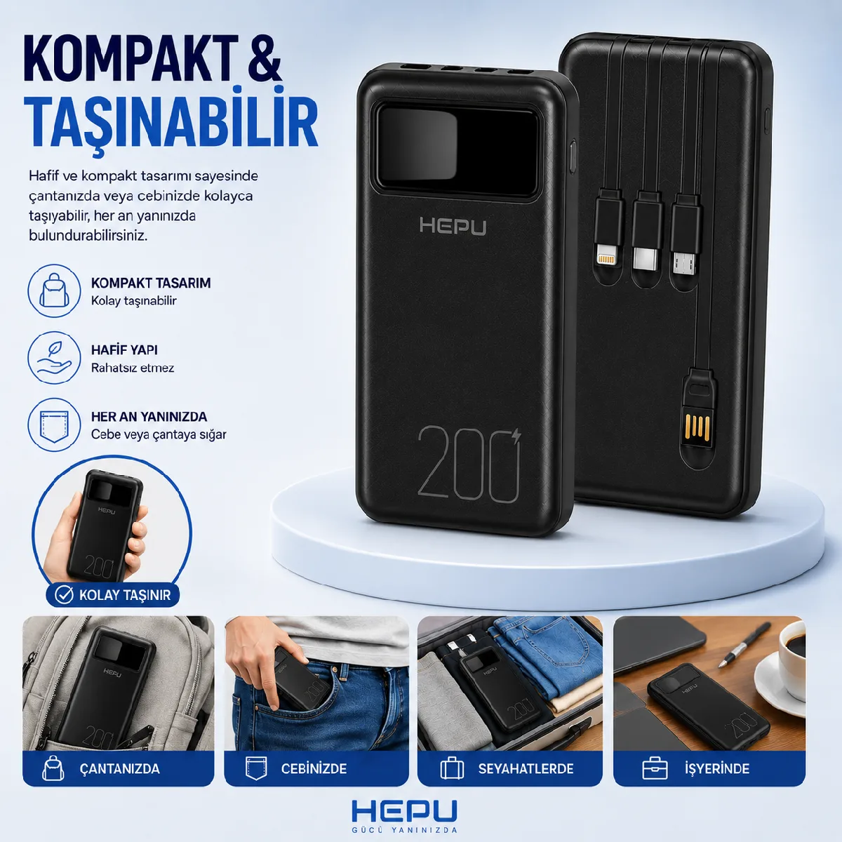 HEPU HP-TP05S Titan Series Powerbank – 20.000 mAh, 4 Entegre Kablolu, Dijital Göstergeli, Siyah - Görsel 4