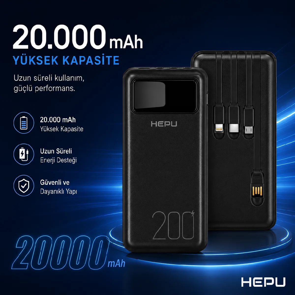 HEPU HP-TP05S Titan Series Powerbank – 20.000 mAh, 4 Entegre Kablolu, Dijital Göstergeli, Siyah - Görsel 7