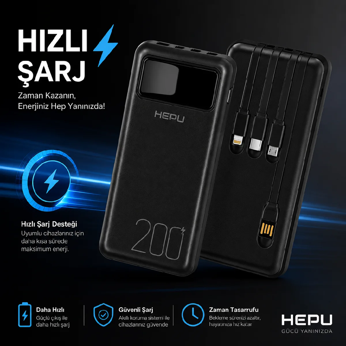 HEPU HP-TP05S Titan Series Powerbank – 20.000 mAh, 4 Entegre Kablolu, Dijital Göstergeli, Siyah - Görsel 8