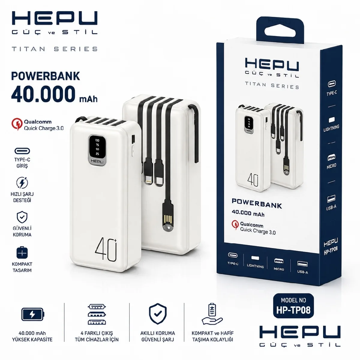 HEPU HP-TP08 Titan Series Powerbank – 40.000 mAh, 4 Entegre Kablolu, Dijital Göstergeli, - Görsel 2