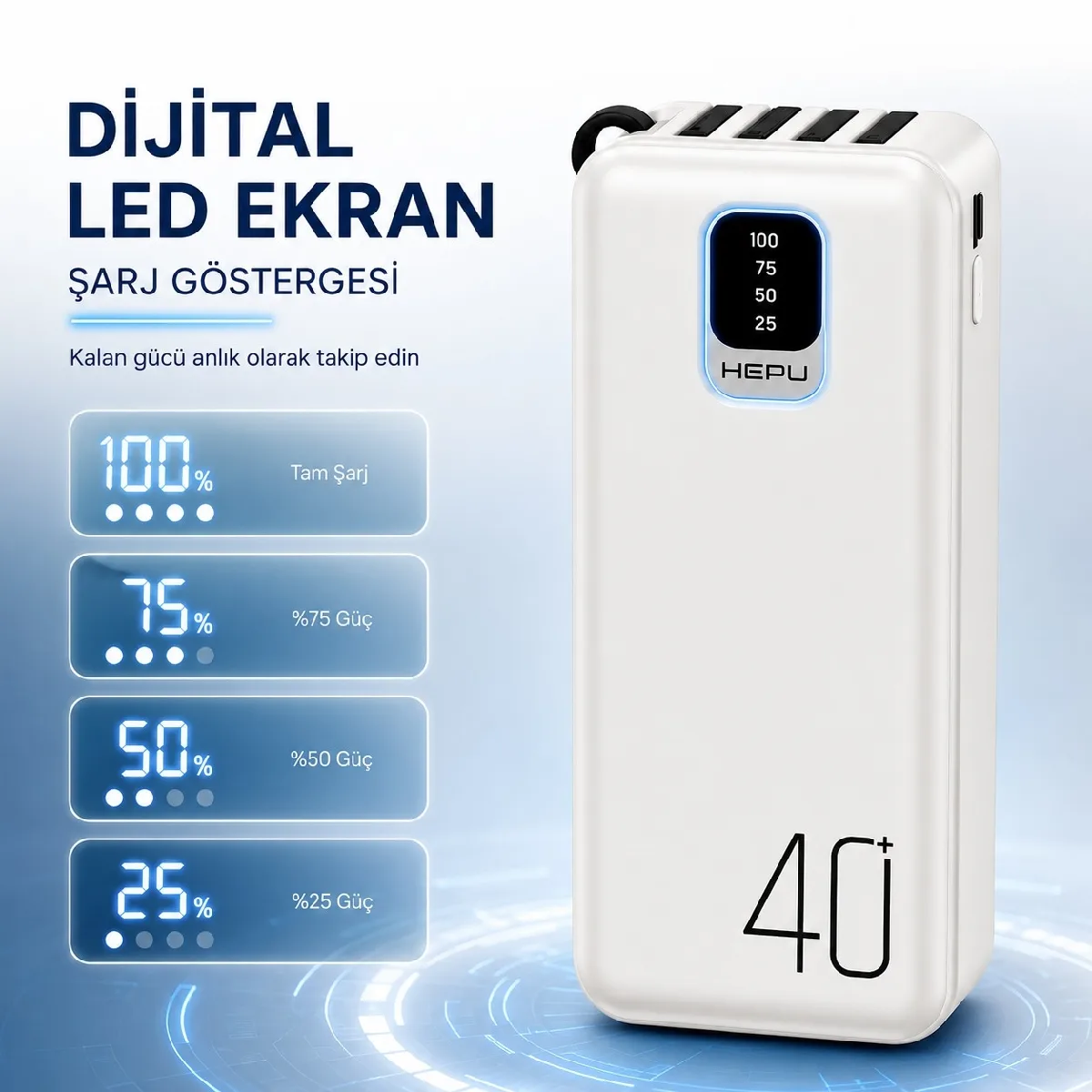 HEPU HP-TP08 Titan Series Powerbank – 40.000 mAh, 4 Entegre Kablolu, Dijital Göstergeli, - Görsel 5
