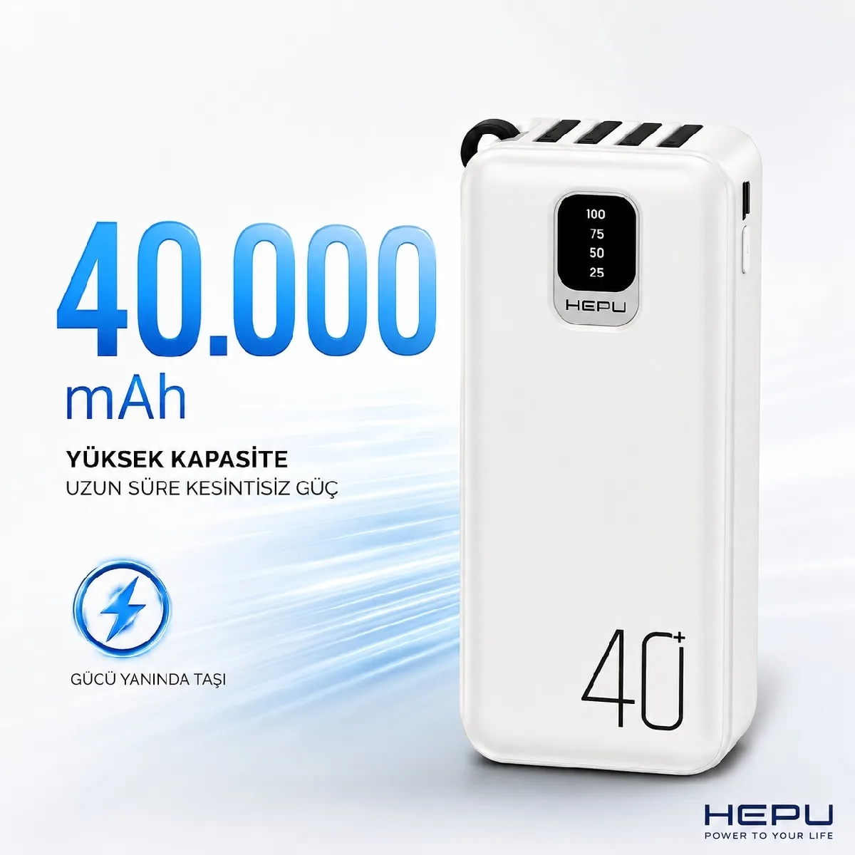HEPU HP-TP08 Titan Series Powerbank – 40.000 mAh, 4 Entegre Kablolu, Dijital Göstergeli, - Görsel 8