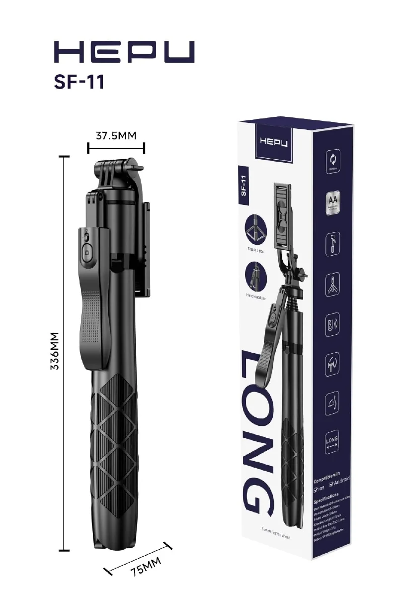 HEPU SF-11 Bluetooth Kumandalı Uzatılabilir Selfie Stick Tripod – Kablosuz Çekim Destekli, Katlanabilir ve Taşınabilir Tasarım - Görsel 4
